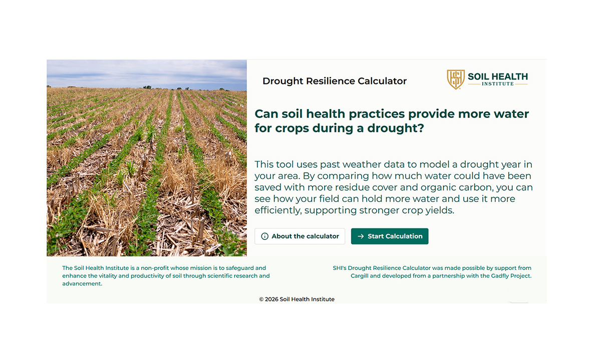 Home page of the free Drought Resilience Calculator (https://drc.soilhealthinstitute.org/).