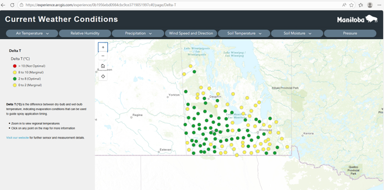 Adoption of Delta T values as a spray decision support tool is increasing in the arid parts of the Northern Great Plains. Delta T values have been reported in North Dakota since about 2022 and are now being reported as well in Manitoba. This screenshot is from May 1, 2026. 