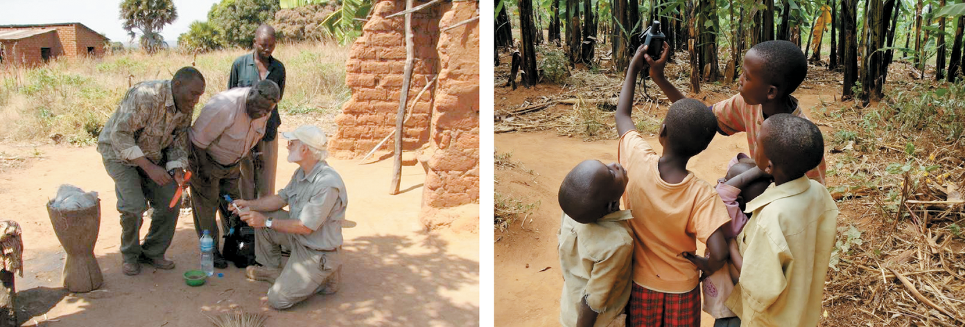 Left: Ray Weil teaching village farmers and extension agents how to use a pocket pH meter with bottled drinking water to mix with soil. Right: Village kids getting GPS readings for soil fertility study in Rwanda. Photos by Ray R. Weil.