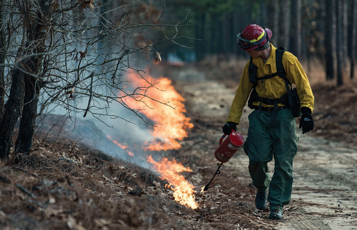Air Force Staff Sgt. Cody Nell lights a controlled burn, which helps prevent future wildfires. SERDP and ESTCP support management-relevant science for fire managers and researchers with a focus on next-generation fire behavior and smoke dispersion models.