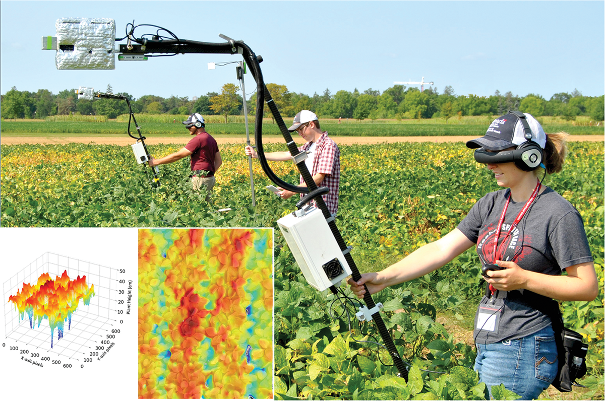 The D415 camera is mounted anterior to the heat reflective wrapped RGB and infrared camera housing on the PlotCam. The HeightStick is a single-point LIDAR aimed down to a vertically movable paddle set at the top of the canopy; data are stored on a tablet via Bluetooth. Inset: A 3D plot of 480- x 640-pixel soybean canopy heights and a 2D overlay of the heights over a nadir RGB image at the beginning of flowering. Courtesy of Soybean Phenomics Agriculture and Agrifood Canada, 2021.   Volume66, Issue12  Decemb