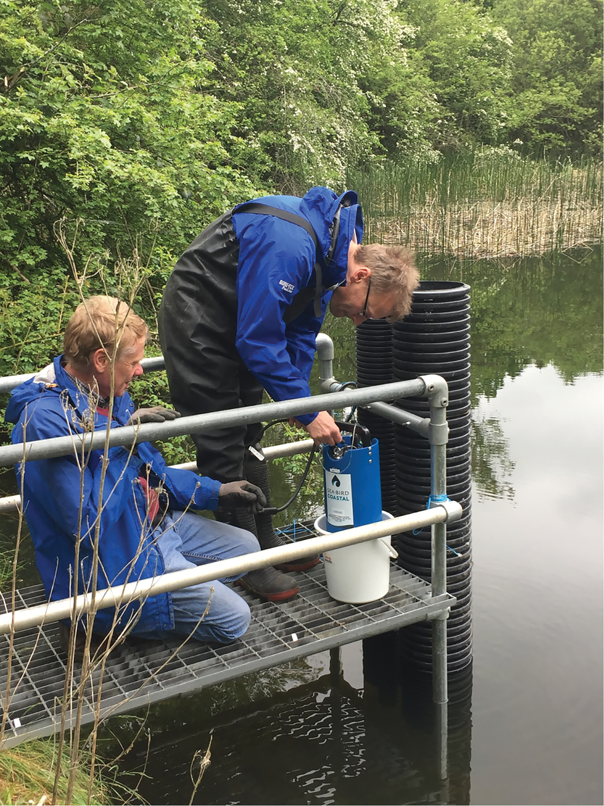 Installing in situ nutrient sensors at the outlet of the wetland-pond system in Wytham, UK. Photo by Helen Jarvie.