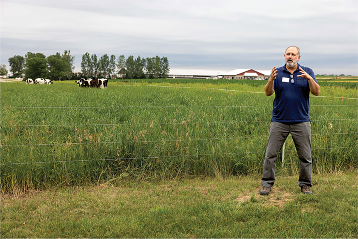 Randy Jackson, author of a new commentary in Agricultural & Environmental Letters, speaking to field day audience about the potential for well-managed grazing of perennial grasslands to accumulate and stabilize soil carbon. Photo by Jacob Grace.