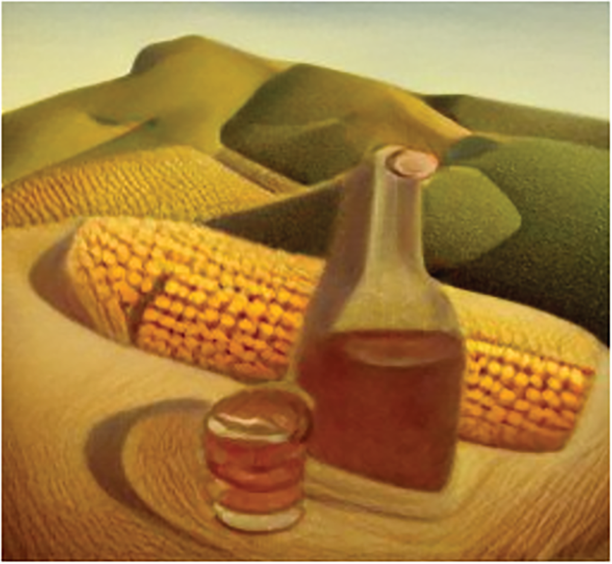 One of nine images made from a prompt of “A painting of corn and whiskey in Texas by Grant Wood” to DALL-E mini AI image-generating software. This image that is part of a conceptual art piece by S.C. Murray on Agriculture Artistically Interpreted by Artificial Intelligences (2022), which questions the role and attribution of AI programmers, the artists whose work trained the AI, and the user whose prompt generated the image.