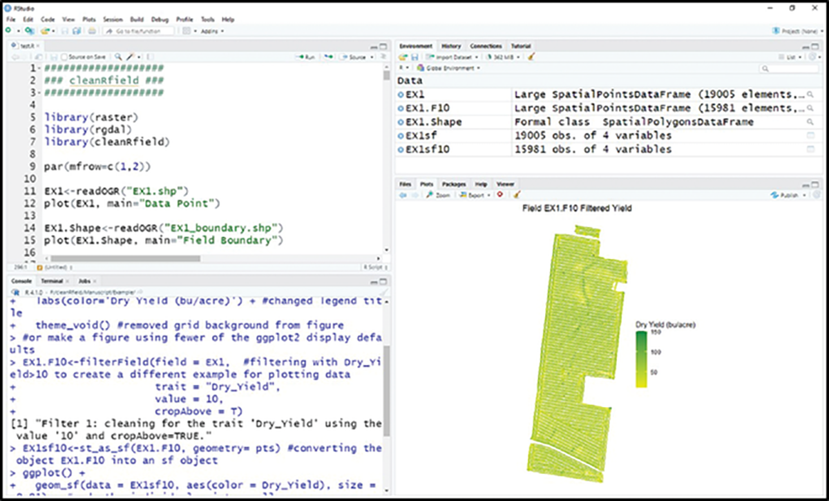 A screenshot from RStudio with a yield map shown in the lower righthand plot pane. The script in the upper left shows portions of the example code. Image courtesy of Emma Matcham.