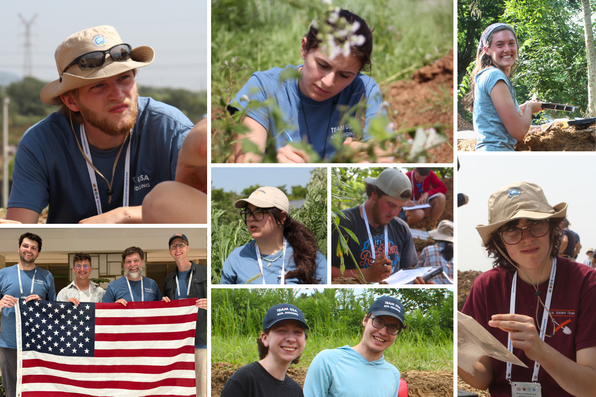 Team USA participants. Clockwise from top left: Holden Mrizek, India Williams, Callie Goodwin, Sinclair Anderson, Cole Chapman, Zie Goodman, Coach Paul Tietz, Coach Gordon Rees, Coach Joey Meinert, and Coach Damon LeMaster. Center left: Emma Quint. Center right: Jake Scheckel. Photos courtesy of Paul Tietz/Team USA Soil Judging.