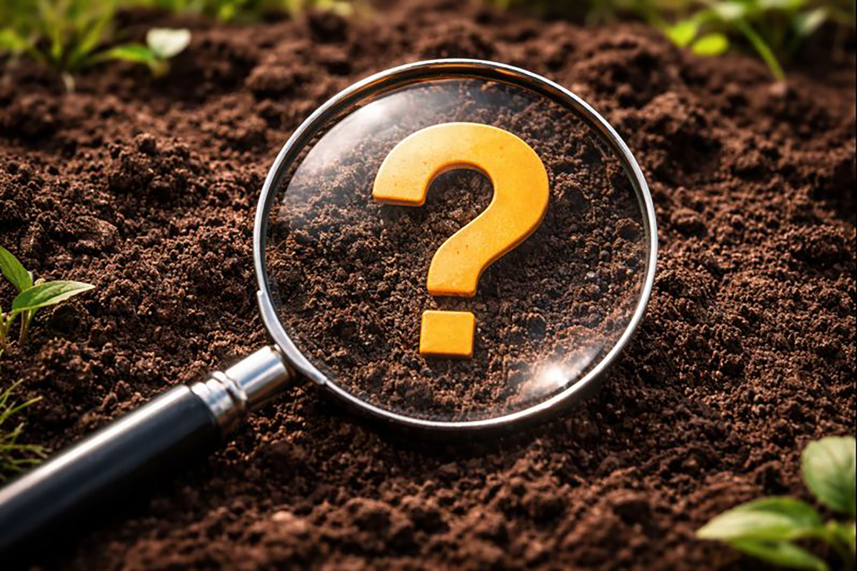 Question mark inside a magnifying glass, laying on soil.