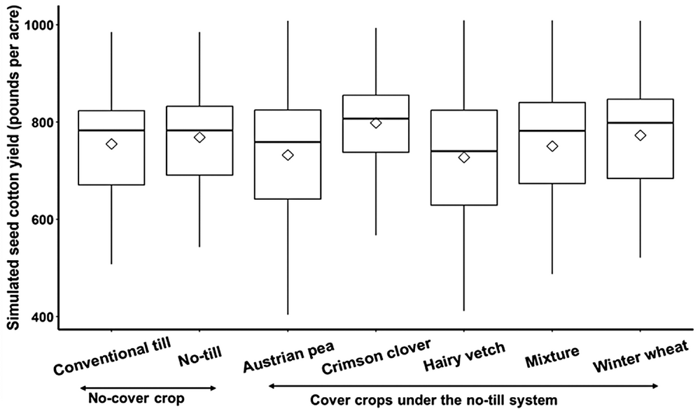 Figure 2. Seed cotton yield was not different among treatments in the simulated 25-year scenario.
