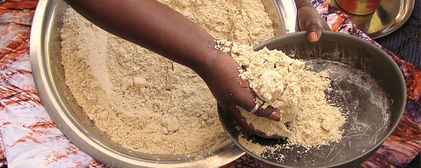 Millet flour—freshly ground and for hand‐processing to form it into rolled pellets for millet couscous or millet porridge recipes. Photo courtesy of Wikimedia Commons/ T.K. Naliaka.