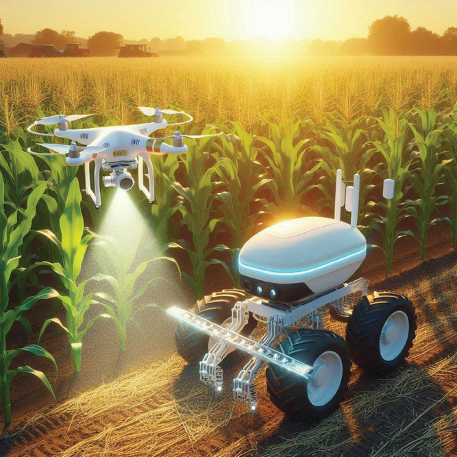 Artificial intelligence in agriculture: An uncrewed ground vehicle and drone working together in a cornfield to optimize crop management and increase efficiency. Illustration created by Copilot.