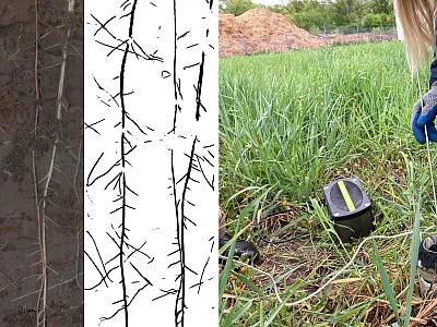 Left panel: Intermediate wheatgrass roots imaged with a minirhizotron (left) and traced with a machine-learning program (right) to study root structure. Image by Alexandra Griffin. Right panel: Graduate researcher Alexandra Griffin images intermediate wheatgrass roots using a minirhizotron on the University of Minnesota campus in St. Paul, MN. Image by Emma Link.