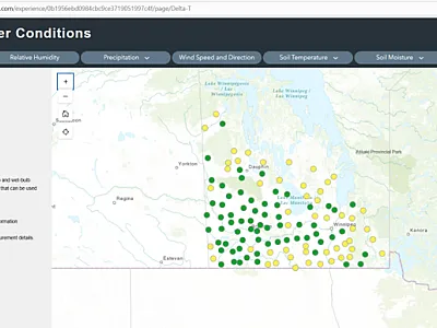 Adoption of Delta T values as a spray decision support tool is increasing in the arid parts of the Northern Great Plains. Delta T values have been reported in North Dakota since about 2022 and are now being reported as well in Manitoba. This screenshot is from May 1, 2026. 