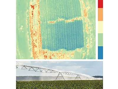 Top: Drone map of a cotton field. Source: Chang et al. (2020): https://doi.org/10.1155/2020/8899325. CC BY 4.0: https://creativecommons.org/licenses/by/4.0/. Bottom: The value comes when you connect maps like the one above to irrigation scheduling, variable-rate irrigation, and in-season input decisions. Photo of irrigated cotton field courtesy of Wikimedia Commons/Alabama Extension. CC0 1.0: https://creativecommons.org/publicdomain/zero/1.0/deed.en.