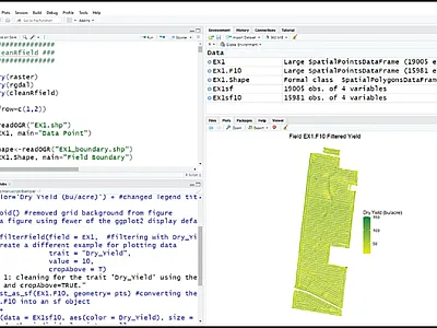 A screenshot from RStudio with a yield map shown in the lower righthand plot pane. The script in the upper left shows portions of the example code. Image courtesy of Emma Matcham.