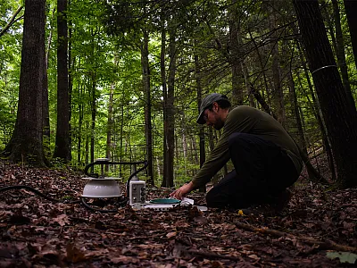 Undergraduate research assistant Keean Mansour manages an automated soil respiration chamber in a Pennsylvania forest. Photo courtesy of Timmy Stehmen.