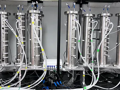 Experimental setup: The stainless-steel soil column setup equipped with moisture, temperature, and redox sensors, along with water and gas samplers. Photo courtesy of Fereidoun Rezanezhad. 