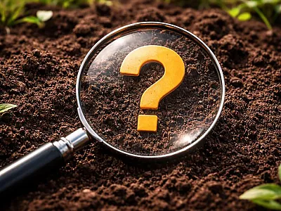 Question mark inside a magnifying glass, laying on soil.