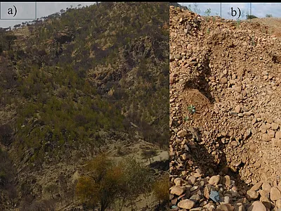 Field photos showing unmined (a) and mined (b) landscapes in Tigray, Ethiopia, highlighting clear differences in vegetation cover and soil condition following traditional gold mining. Photos courtesy of Meaza Zenebe, Mekelle University.