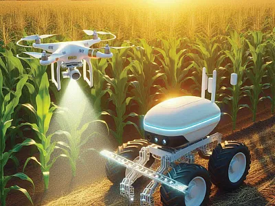 Artificial intelligence in agriculture: An uncrewed ground vehicle and drone working together in a cornfield to optimize crop management and increase efficiency. Illustration created by Copilot.