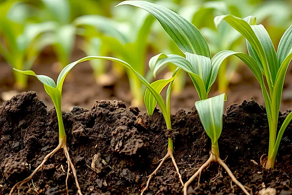 close up of corn sprouts with root showing in dirt