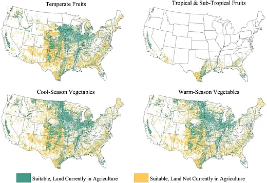 According to work recently published in Agronomy Journal, there is enough land in the U.S. to grow all the fruits and vegetables needed if Americans followed the governmentâs dietary guidelines. These suitability maps indicate that biophysical factors do not greatly restrict suitability for most crops and that many areas are suitable for multiple crop groups. Image courtesy of Ashley McCarthy. 