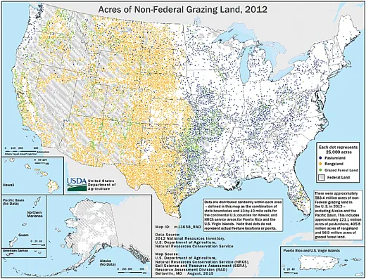 Extensive nonâfederal grazing lands (including pasturelandâblue dots, rangelandâorange dots, and grazed forest landâgreen dots) in the United States totaling 236.3 million hectares (584 million acres in 2012). Source: âPractical Considerations for Adaptive Strategies by U.S. Grazing Land Managers with a Changing Climate,â by Justin D. Derner et al. (https://doi.org/10.1002/agg2.20356).