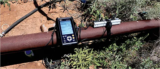 This ultrasonic flow meter measures the flow of water through an irrigation pipe. The High Plains Underground Water Conservation District (HPWD) in Texas uses these and other instruments as part of its irrigation assessment program that gives growers specific data on the performance of their irrigation systems. Photo courtesy of HPWD.Â 